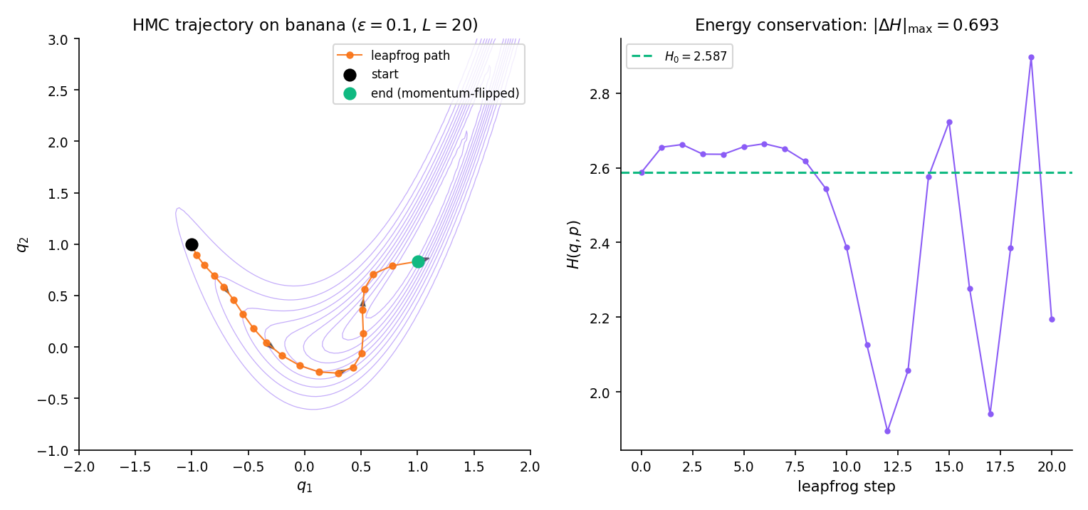Two-panel featured figure. Left: the banana posterior with a single HMC trajectory of L = 20 leapfrog steps. Arrows show momentum at several waypoints; points mark positions. The terminal momentum-flip is annotated. Right: Hamiltonian H(q, p) over the trajectory, near-constant with small O(ε²) oscillation (|ΔH|_max ≈ 0.7) — not perfect conservation, by design, so readers can see why the MH accept step is needed.
