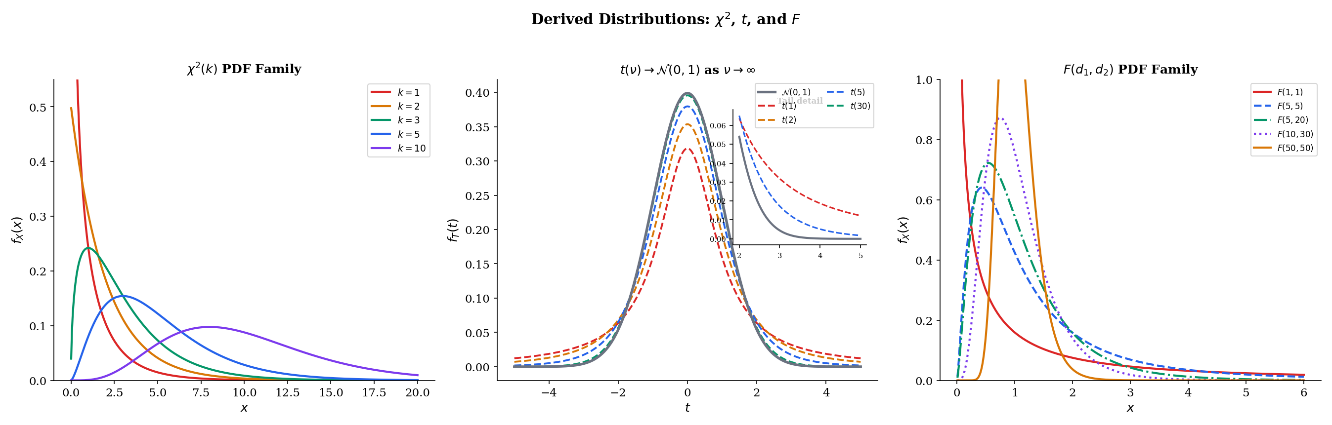 Chi-squared family, Student's t convergence to Normal, F distribution family