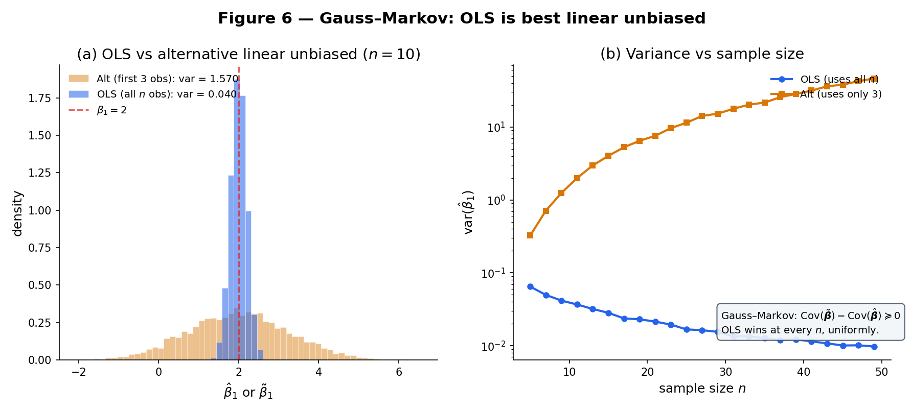Two-panel. Left: MC histograms of β̂_1 from 5000 simulations — OLS (tight, centered at 1) vs 'first-3-points only' estimator (wider, also centered at 1). Right: variance as a function of n. OLS variance decreases as 1/n; the naive estimator's variance is flat (it never uses the extra data). Gauss–Markov guarantees the picture.