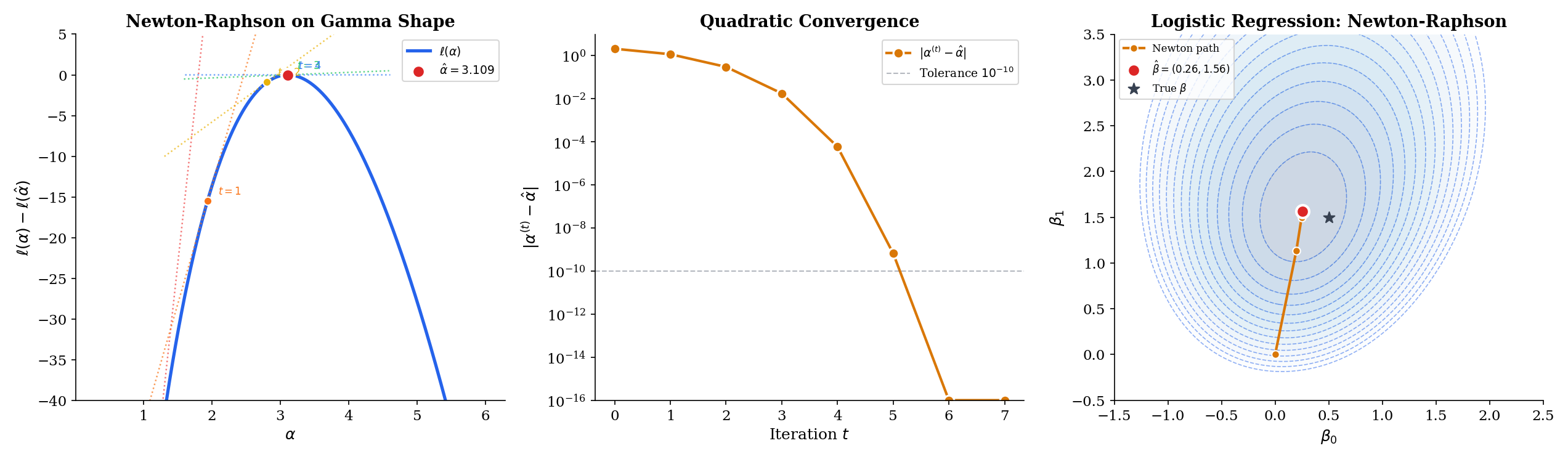 Two panels side by side. Left: the log-likelihood ℓ(α) for the Gamma(3, 2) shape parameter with n = 50 data points. Four tangent-line steps are shown originating from α⁽⁰⁾ = 1, then α⁽¹⁾, α⁽²⁾, α⁽³⁾; each tangent crosses the α-axis at the next iterate; the sequence converges visibly to the MLE near α = 3. Right: a log-scale convergence plot of |α⁽ᵗ⁾ − α̂| against iteration t — nearly straight with slope approximately 2 on the log-log axes, illustrating quadratic convergence.