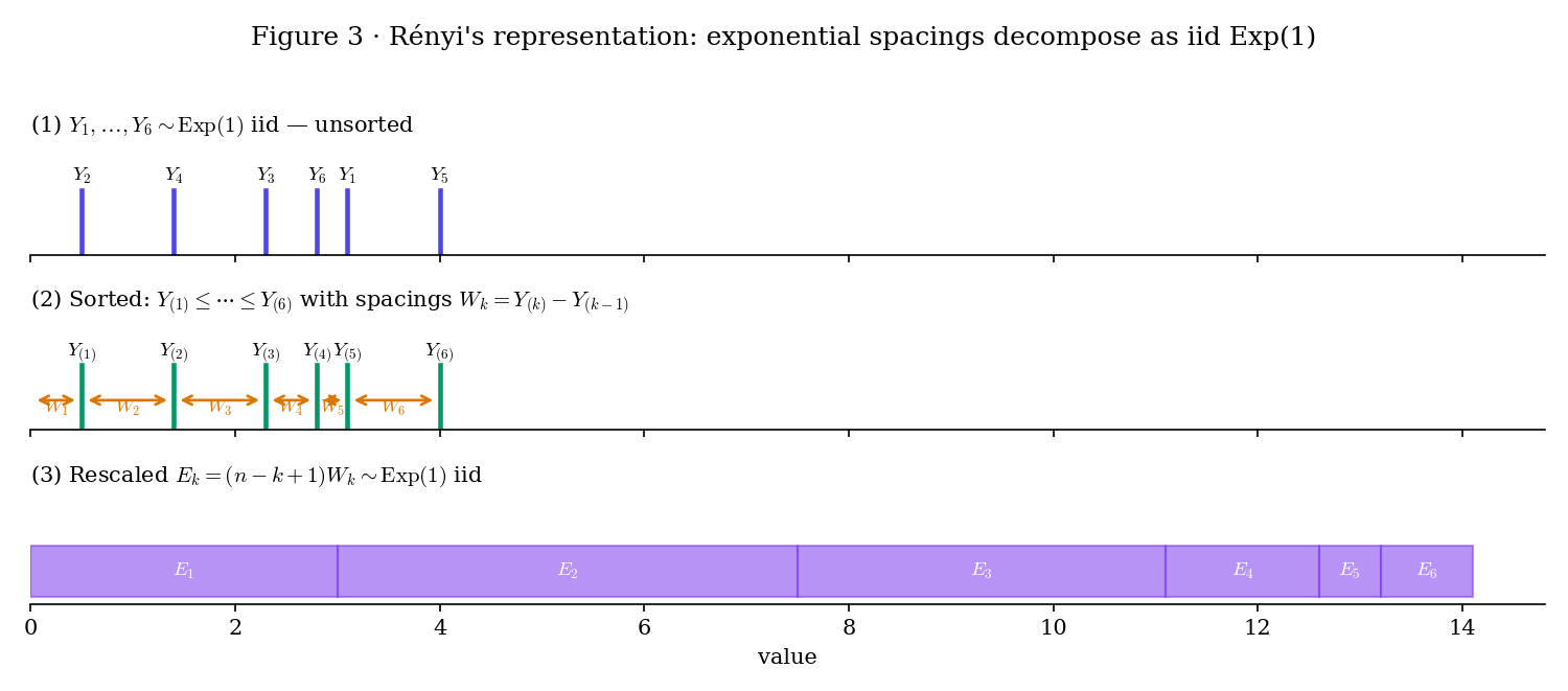 Schematic of Rényi's decomposition of exponential order statistics. Three horizontal rows: top row shows n=6 iid Exp(1) draws as tick marks on the real line; middle row shows the sorted sample with spacings W_k = Y_(k) - Y_(k-1) annotated as segments; bottom row shows rescaled spacings E_k = (n-k+1) W_k as iid Exp(1) bars of varying length.