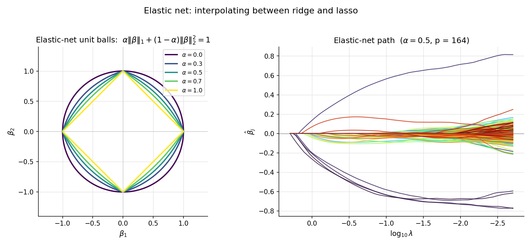 Elastic-net (α, λ) parameter plane heatmap on the prostate-cancer dataset. X-axis: log λ; y-axis: α from 0 (ridge) to 1 (lasso); color encodes 10-fold CV mean squared error. Optimal (α*, λ*) marked with crosshairs. The lasso boundary (α = 1) and ridge boundary (α = 0) labeled.