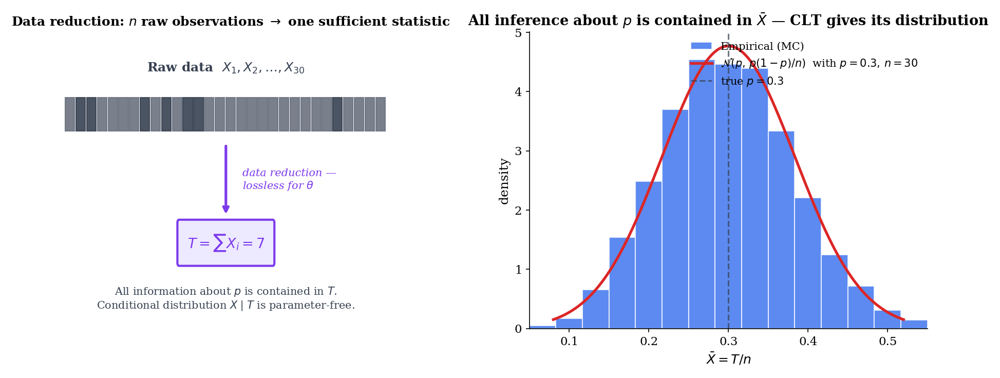 Two-panel motivation. Left: 30 raw Bernoulli observations are collapsed into a single count T = ΣXᵢ via a horizontal arrow labeled "data reduction, lossless for p". Right: histogram of X̄ across M = 5000 Monte-Carlo replications of Bernoulli(p = 0.3) at n = 30, with the theoretical N(p, p(1-p)/n) overlay — demonstrating that all inference about p is contained in the sufficient statistic.